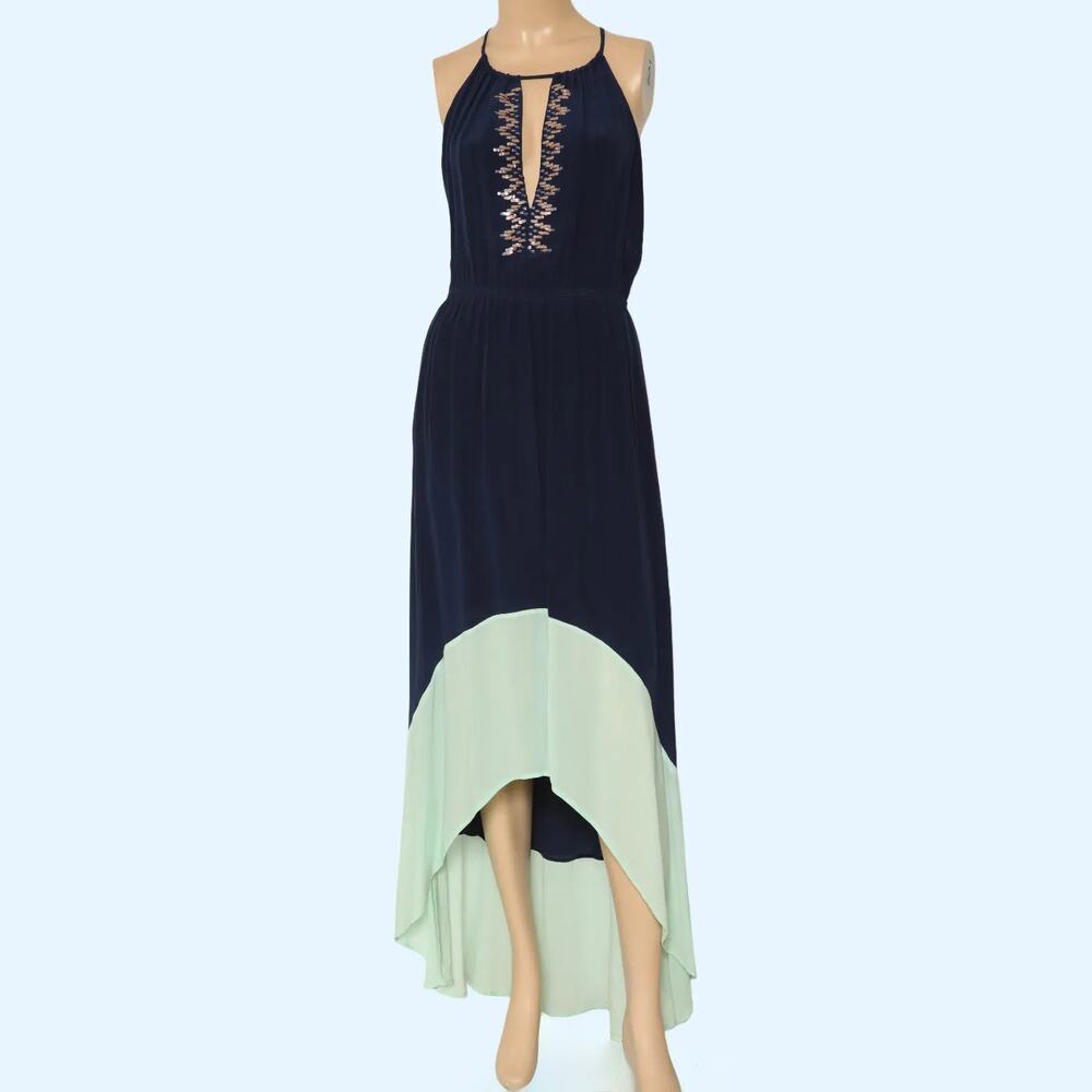 CHELSEA FLOWER Navy Blue and Mint Colorblock Beaded Silk High Low Maxi Dress